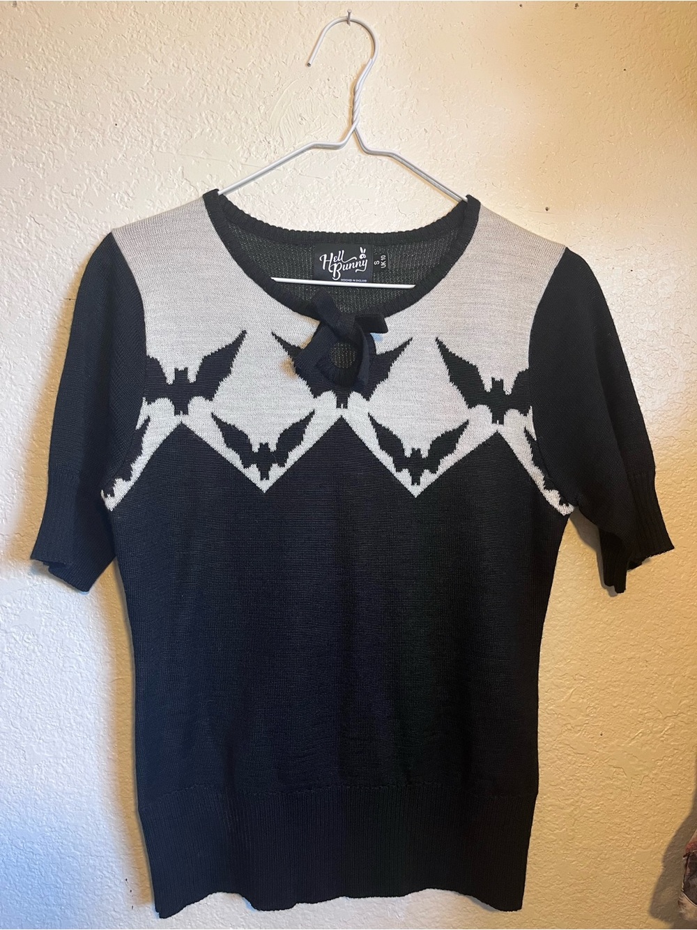 Hell Bunny Black & Cream Bat Yoke Knit Top with Bow